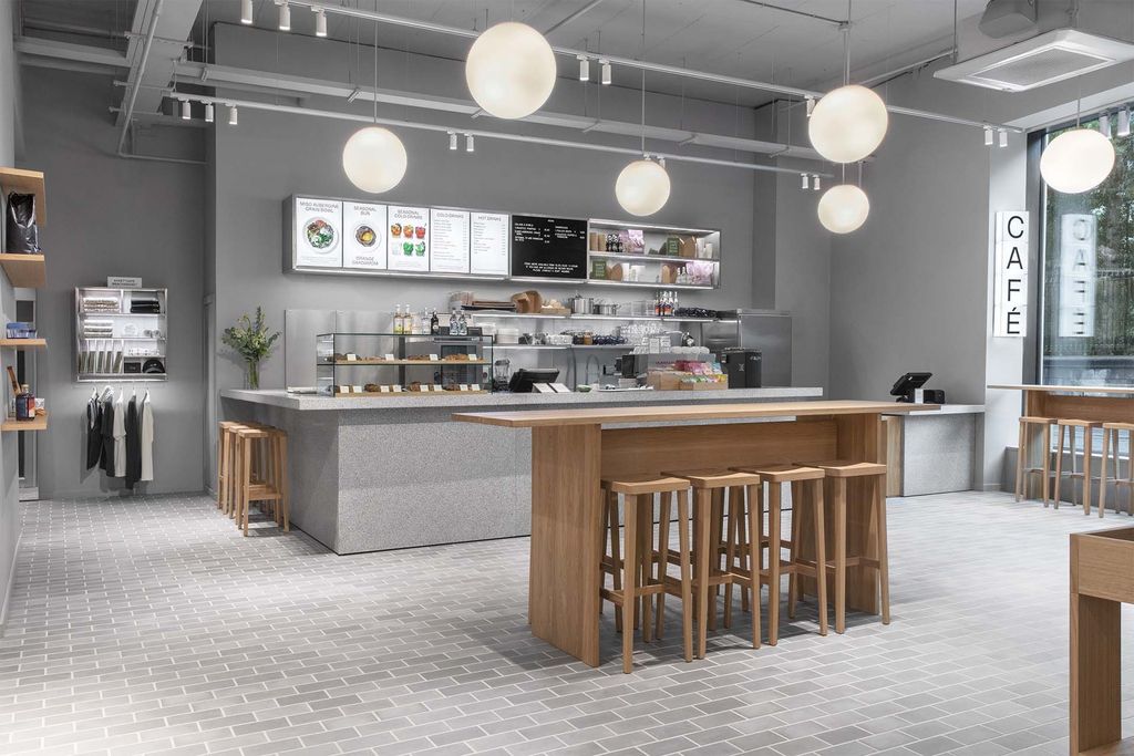 Arket Dublin café counter with oak bar table