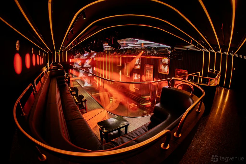 The BoTree nightclub with lit ribbed ceiling and curved booths