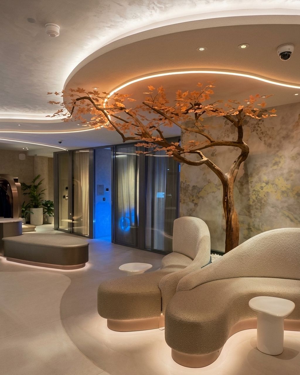 Phase two: triplebond wellness club reception with sculptural tree and curved seating