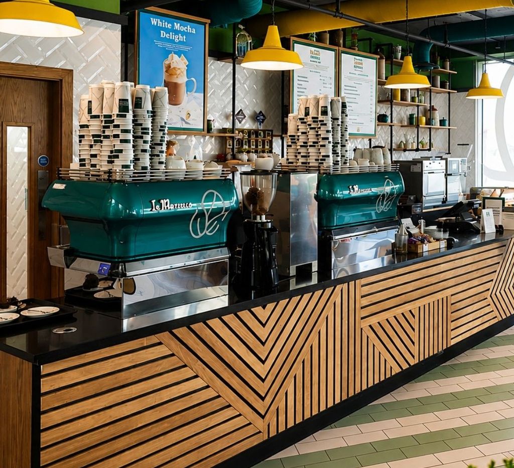 The Coffee House at Center Parcs Longford Forest with angled timber-slat counter