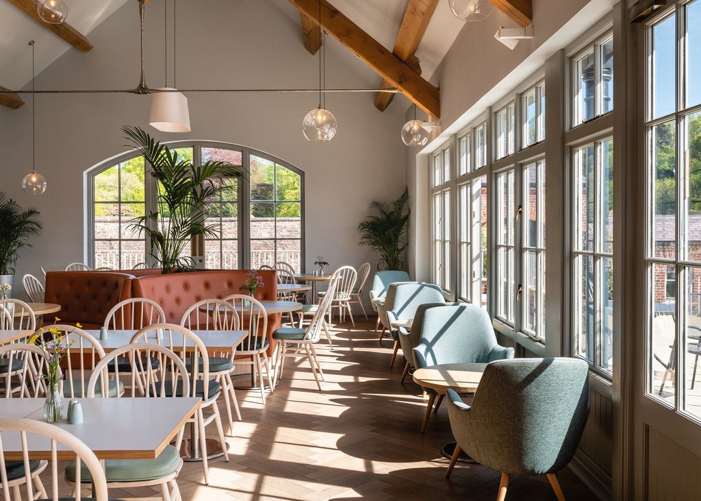 Hillsborough Castle café with arched window and terracotta banquettes