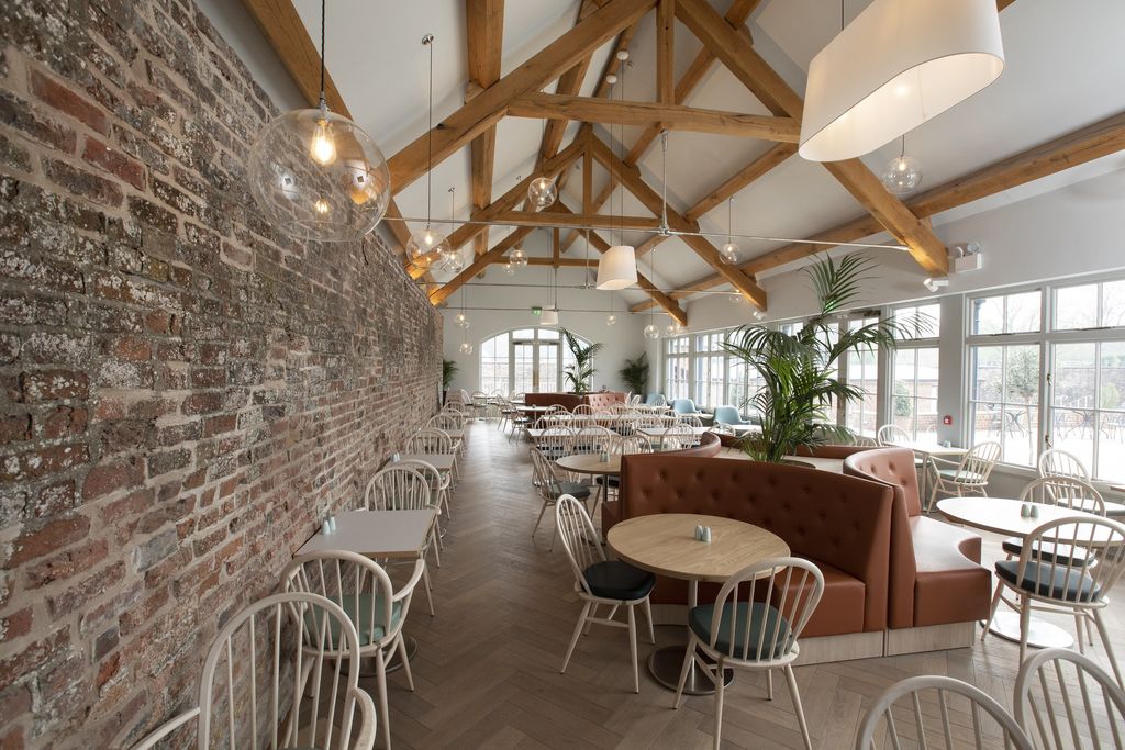 Hillsborough Castle café hall beneath oak trusses