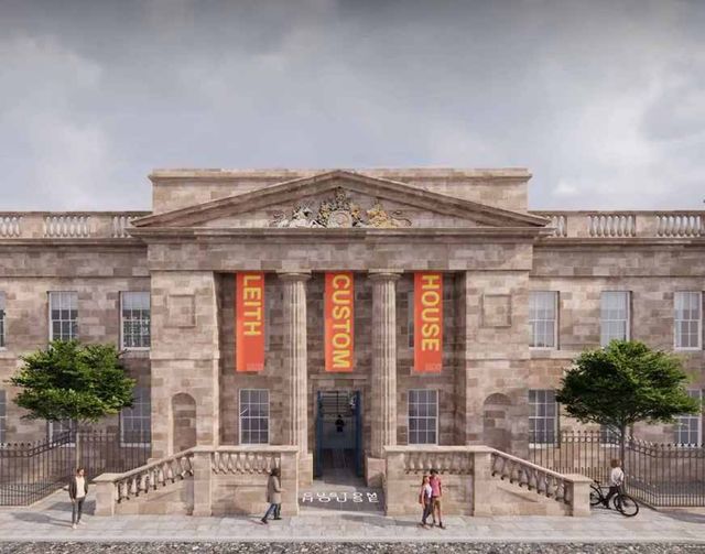 Architectural visual of Leith Custom House’s stone portico hung with Leith Custom House banners