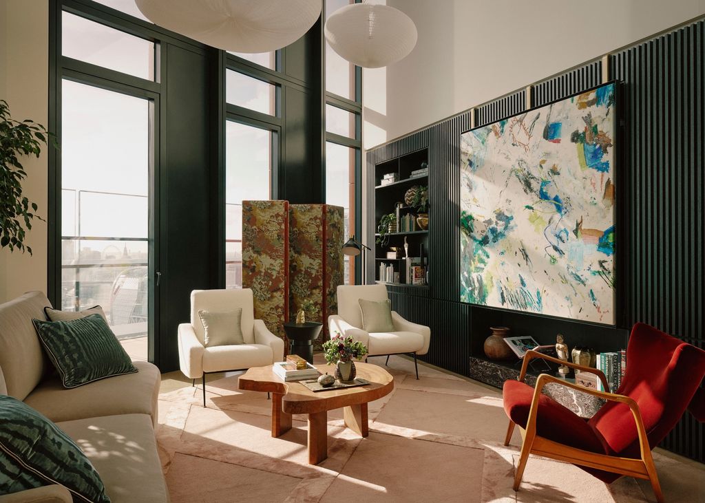 One Crown Place apartment with fluted timber wall, bespoke shelving and artwork