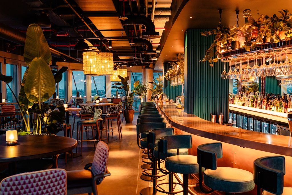 Long curved bar with hanging glass rack at Elemente, Hamburg