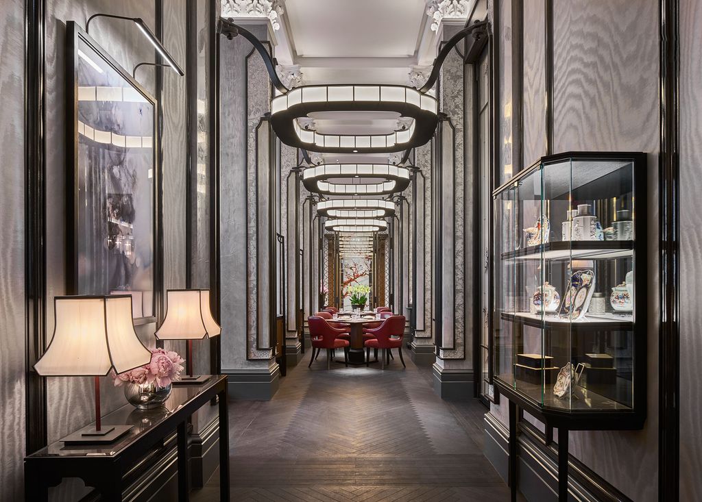 Lacquered corridor leading to the red private dining room at Mei Ume