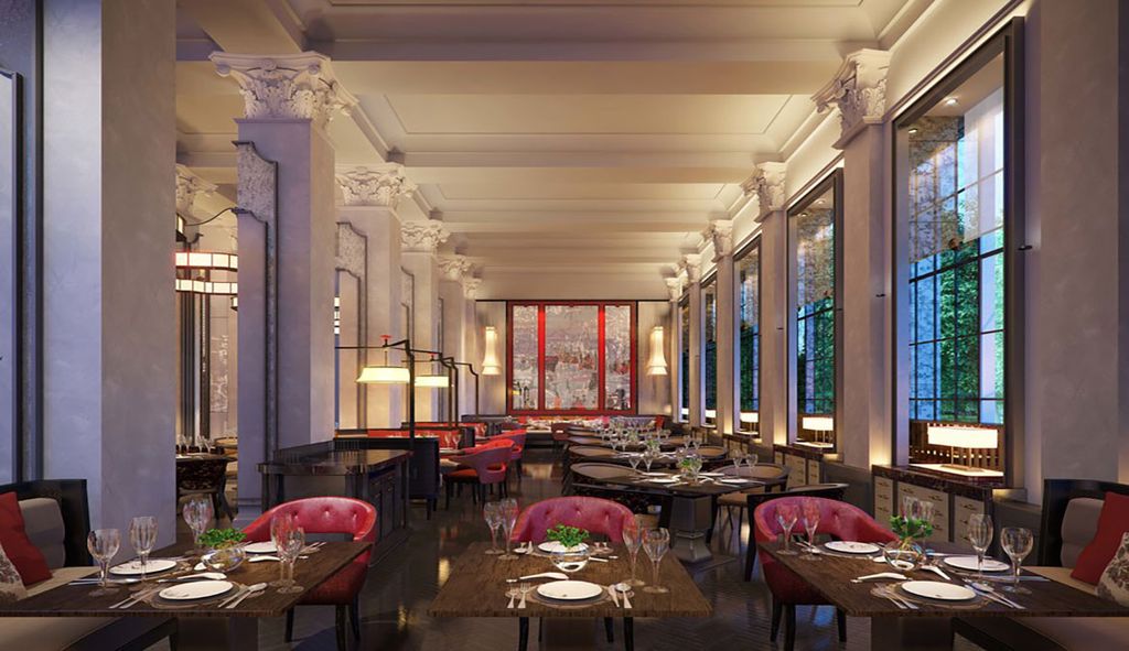 French restaurant at Ten Trinity Square with columns and banquettes