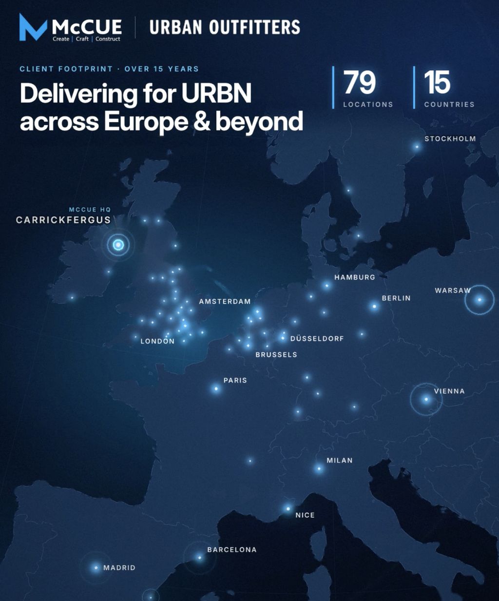 Map of McCue’s URBN client footprint: 79 locations in 15 countries across Europe