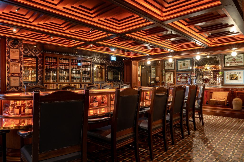 Whiskey Museum tasting room with coffered timber ceiling